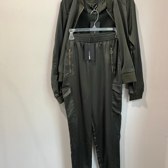 Fashion Nova Satin Bomber Jacket & Joggers Set Size M Olive Green - Picture 2 of 6